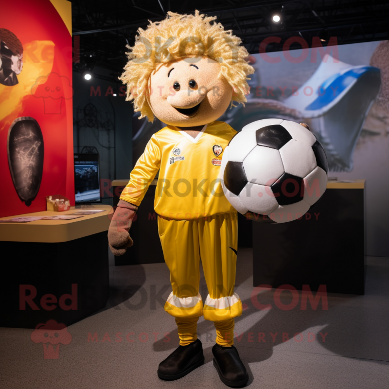 Gold Soccer Ball mascot costume character dressed with a Overalls and Ties