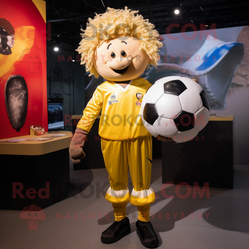 Gold Soccer Ball mascot costume character dressed with a Overalls and Ties Gold Soccer Ball mascot costume character dressed with a Overalls and Ties