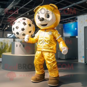 Gold Soccer Ball mascot costume character dressed with a Overalls and Ties