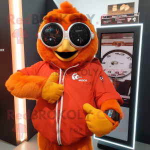 Orange Chicken Parmesan mascot costume character dressed with a Moto Jacket and Smartwatches