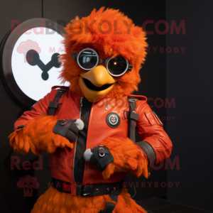 Orange Chicken Parmesan mascot costume character dressed with a Moto Jacket and Smartwatches