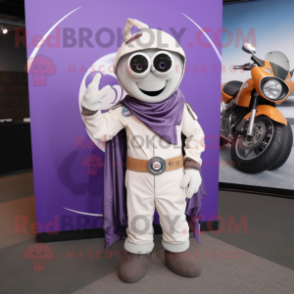 Lavender Champagne mascot costume character dressed with a Moto Jacket and Shawl pins