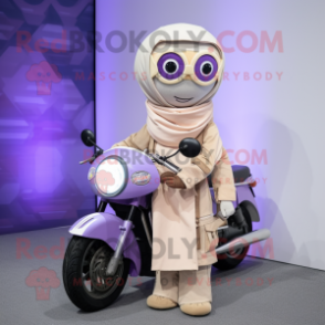 Lavender Champagne mascot costume character dressed with a Moto Jacket and Shawl pins