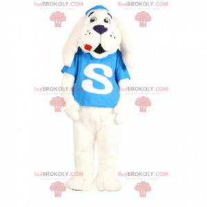 Mascote cão branco com uma camisa turquesa - Redbrokoly.com