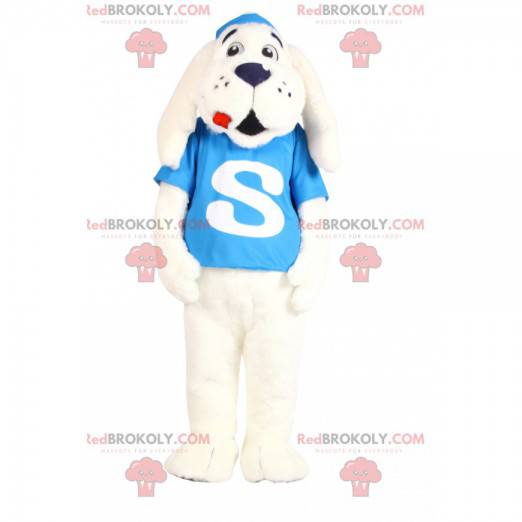 Mascotte de chien blanc avec un maillot turquoise -