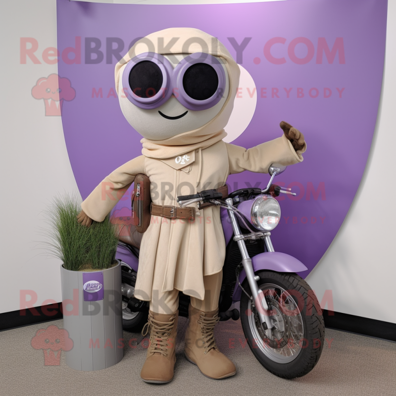 Lavender Champagne mascot costume character dressed with a Moto Jacket and Shawl pins