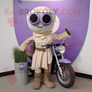 Lavender Champagne mascot costume character dressed with a Moto Jacket and Shawl pins