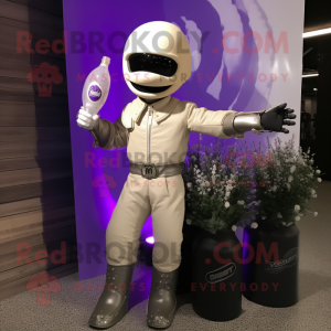 Lavender Champagne mascot costume character dressed with a Moto Jacket and Shawl pins