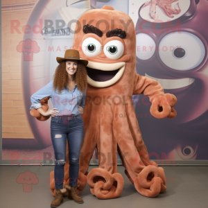Brown Fried Calamari mascot costume character dressed with a Mom Jeans and Bracelet watches