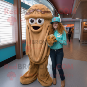 Brown Fried Calamari mascot costume character dressed with a Mom Jeans and Bracelet watches