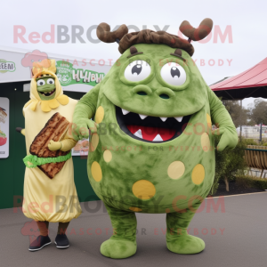 Olive Beef Wellington mascot costume character dressed with a Jumpsuit and Earrings