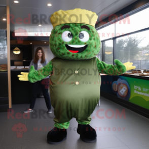 Olive Beef Wellington mascot costume character dressed with a Jumpsuit and Earrings