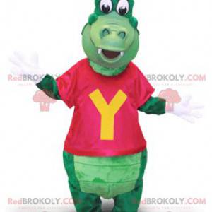 Mascotte de crocodile vert avec une casquette et un t-shirt -