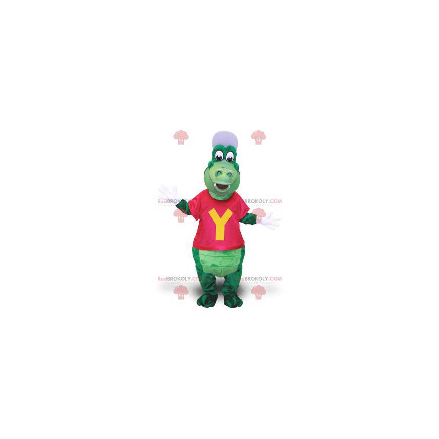Mascote crocodilo verde com boné e camiseta - Redbrokoly.com