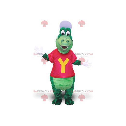 Grön krokodilmaskot med keps och t-shirt - Redbrokoly.com