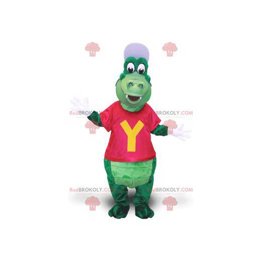 Mascota de cocodrilo verde con gorra y camiseta - Redbrokoly.com
