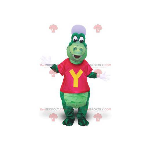 Mascote crocodilo verde com boné e camiseta - Redbrokoly.com