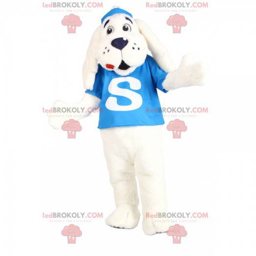 Maskot bílého psa s tyrkysovým dresem - Redbrokoly.com