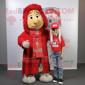 Red Chief mascot costume character dressed with a Mom Jeans and Shawl pins