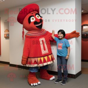 Red Chief mascot costume character dressed with a Mom Jeans and Shawl pins