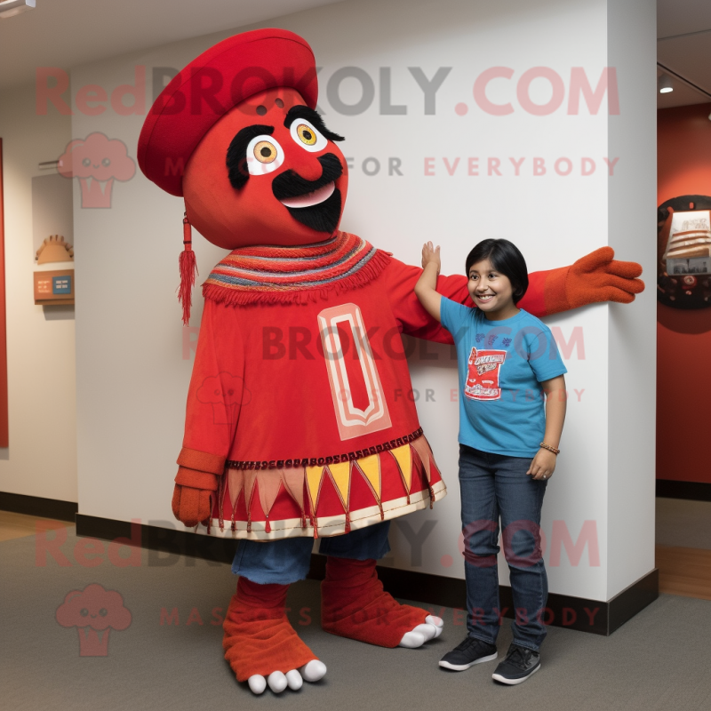 Red Chief mascot costume character dressed with a Mom Jeans and Shawl pins Red Chief mascot costume character dressed with a Mom Jeans and Shawl pins