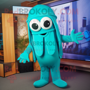 Turquoise Squid mascot costume character dressed with a Jumpsuit and Berets