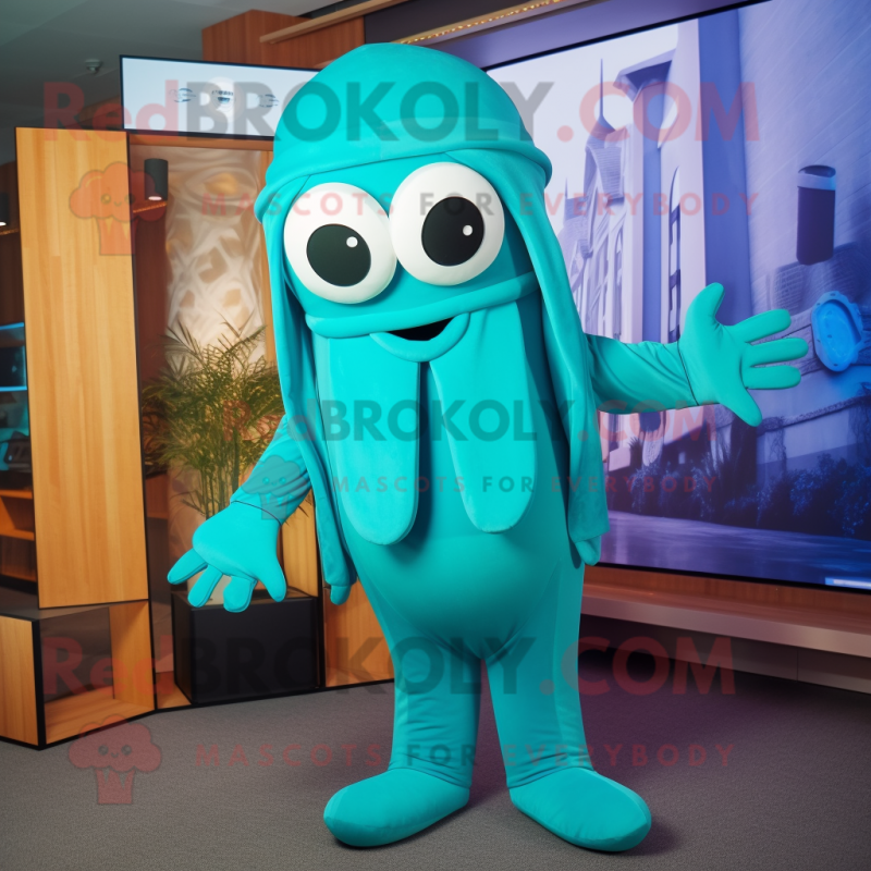 Turquoise Squid mascot costume character dressed with a Jumpsuit and Berets Turquoise Squid mascot costume character dressed with a Jumpsuit and Berets