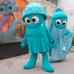 Turquoise Squid mascot costume character dressed with a Jumpsuit and Berets