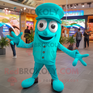 Turquoise Squid mascot costume character dressed with a Jumpsuit and Berets
