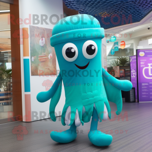 Turquoise Squid mascot costume character dressed with a Jumpsuit and Berets