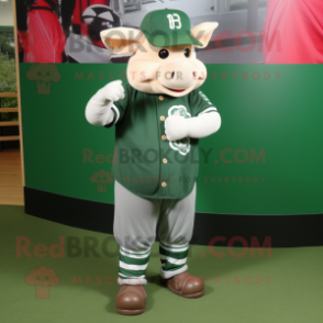 Forest Green Pig mascot costume character dressed with a Baseball Tee and Foot pads