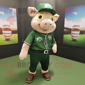 Forest Green Pig mascot costume character dressed with a Baseball Tee and Foot pads