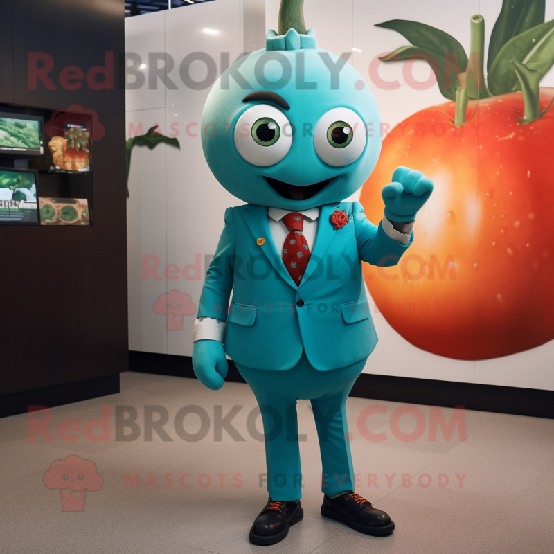 Teal Tomato mascot costume character dressed with a Suit Jacket and Brooches