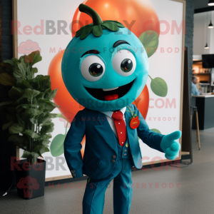 Teal Tomato mascot costume character dressed with a Suit Jacket and Brooches