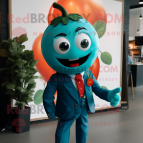 Teal Tomato mascot costume character dressed with a Suit Jacket and Brooches