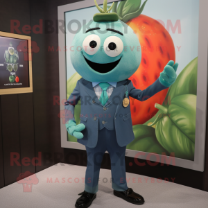 Teal Tomato mascot costume character dressed with a Suit Jacket and Brooches