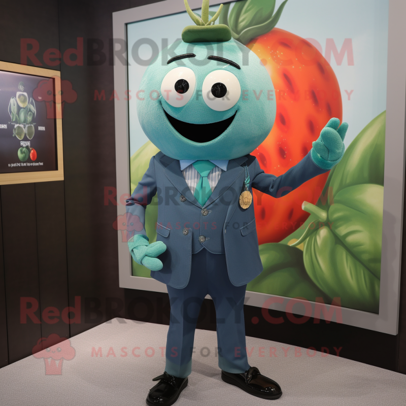 Teal Tomato mascot costume character dressed with a Suit Jacket and Brooches