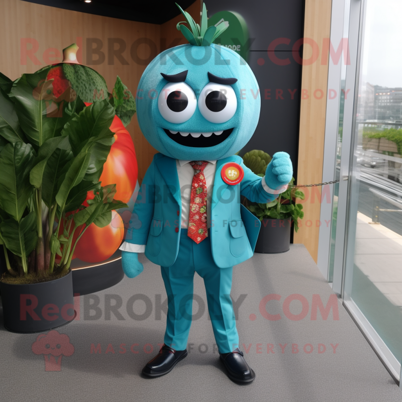 Teal Tomato mascot costume character dressed with a Suit Jacket and Brooches Teal Tomato mascot costume character dressed with a Suit Jacket and Brooches
