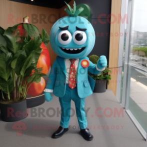 Teal Tomato mascot costume character dressed with a Suit Jacket and Brooches