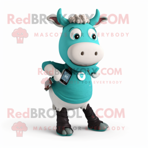 Teal Hereford Cow mascot costume character dressed with a Wrap Dress and Smartwatches