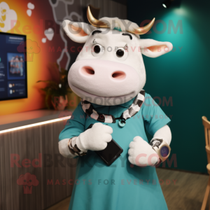 Teal Hereford Cow mascot costume character dressed with a Wrap Dress and Smartwatches