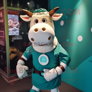 Teal Hereford Cow mascot costume character dressed with a Wrap Dress and Smartwatches