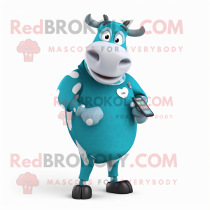 Teal Hereford Cow mascot costume character dressed with a Wrap Dress and Smartwatches
