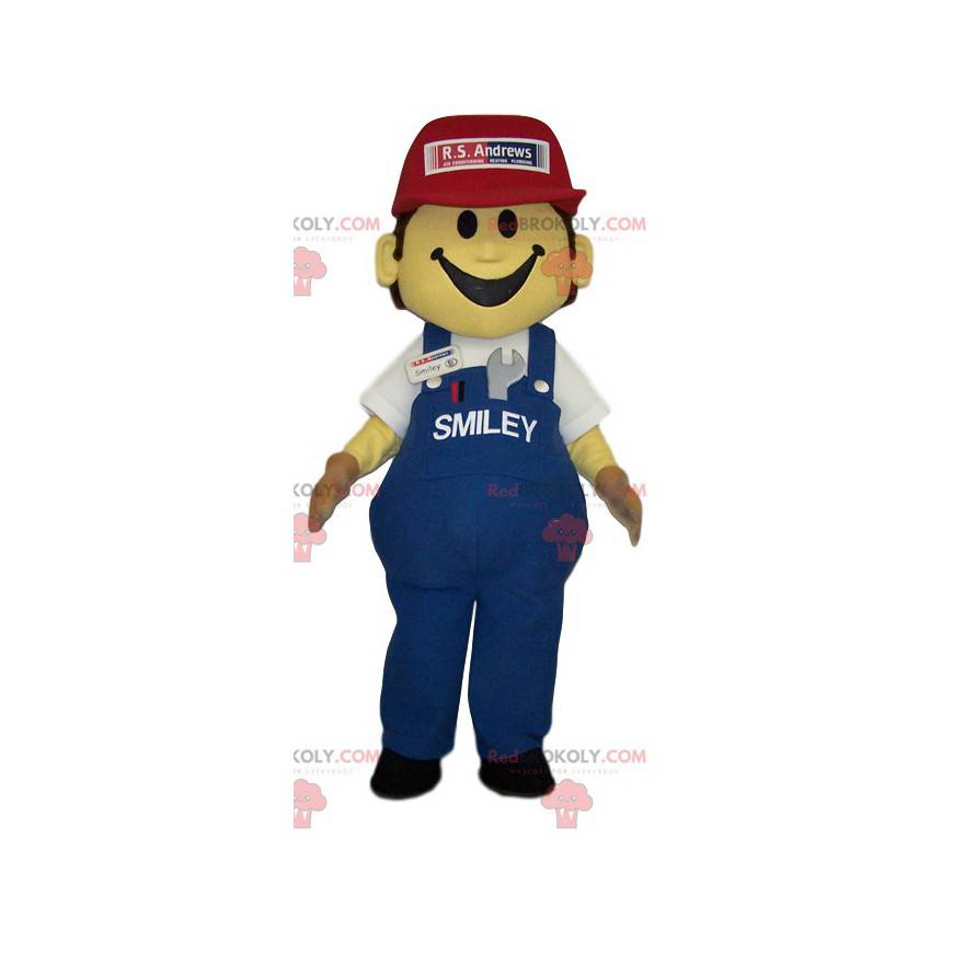 Mascotte de bonhomme en salopette en jeans et casquette -