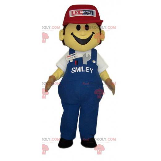 Schneemann Maskottchen Overalls, Jeans und Mütze -