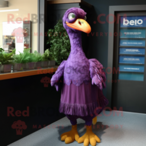 Purple Dodo Bird mascot costume character dressed with a Empire Waist Dress and Scarves