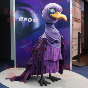 Purple Dodo Bird mascot costume character dressed with a Empire Waist Dress and Scarves