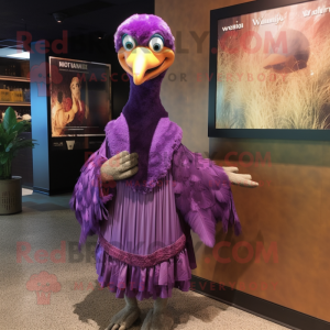 Purple Dodo Bird mascot costume character dressed with a Empire Waist Dress and Scarves