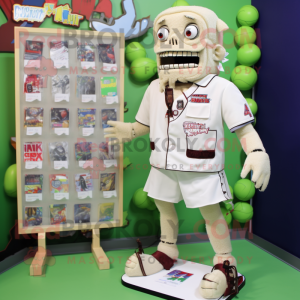 Beige Frankenstein mascot costume character dressed with a Board Shorts and Brooches