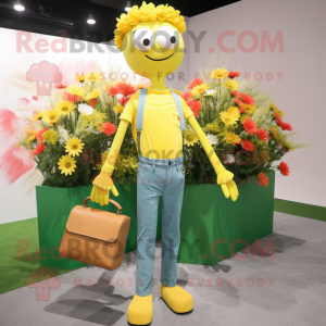 Yellow Bouquet Of Flowers mascot costume character dressed with a Skinny Jeans and Briefcases